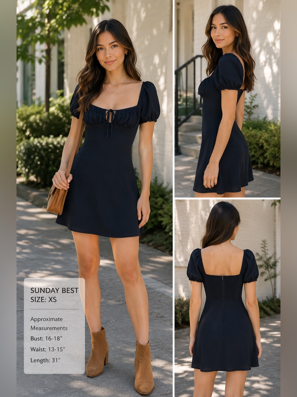 Sunday Best by Aritzia Navy Puff Sleeve Mini Dress | Smocked Back | XS